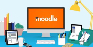 A picture of a computer on a desktop with the Moodle logo.